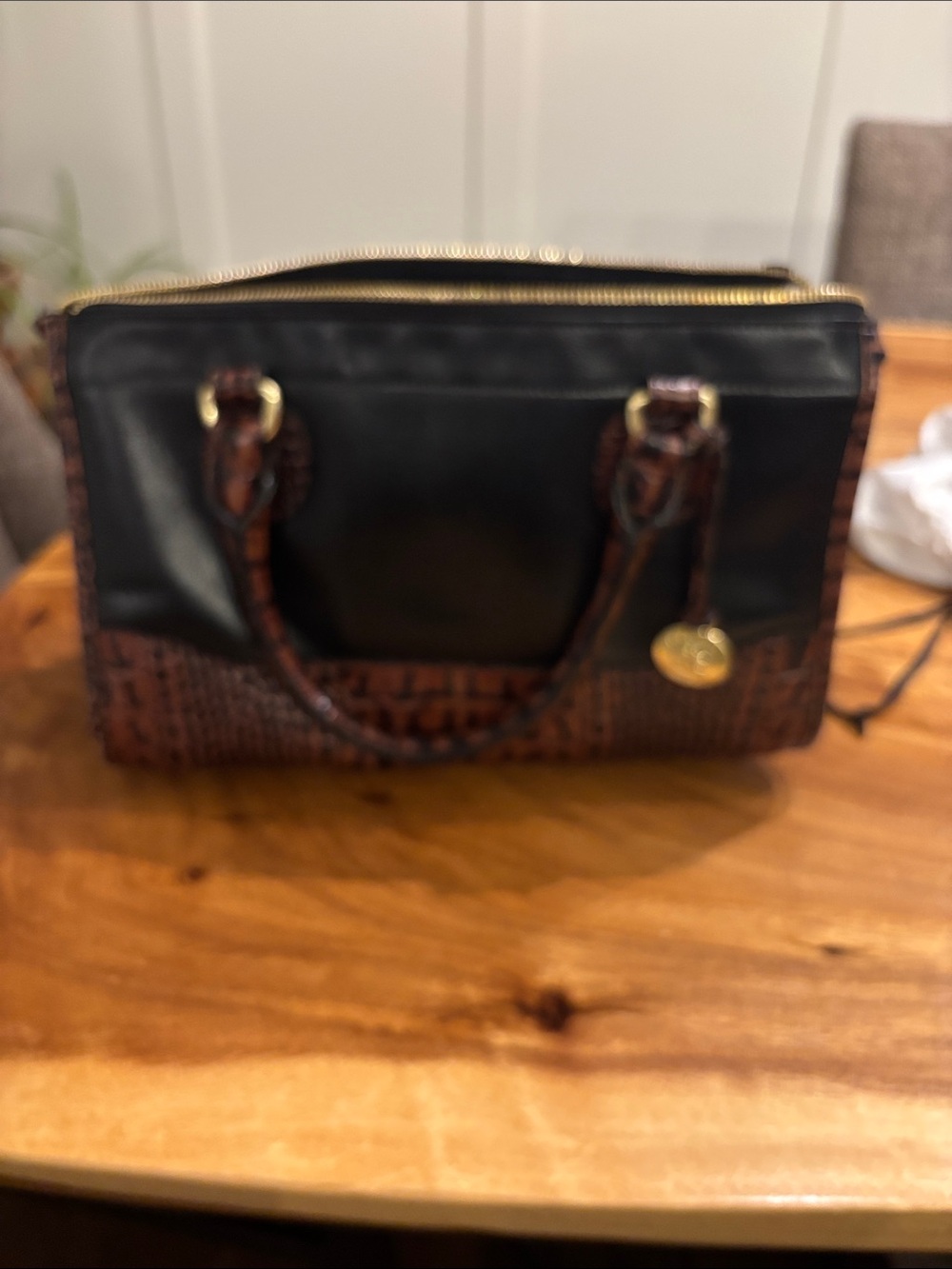 Black and Brown Croc-Texture Satchel Handbag. Dust bag. No long strap available